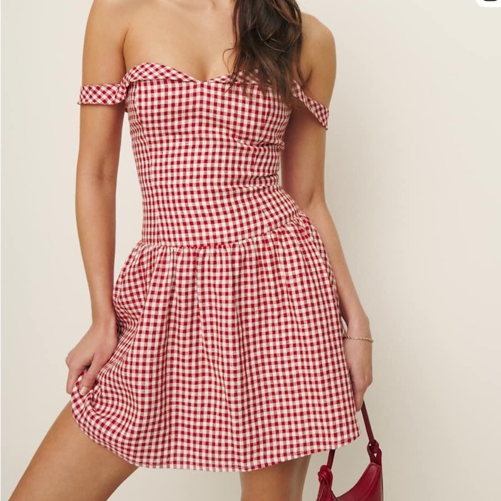 Reformation Sora Red Gingham Linen Mini Dress  in Tomato Check